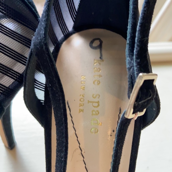 Black Suede Leather Mesh Bow Heels T-Strap Mary Janes Kate Spade 9 Open Toe - Picture 3 of 9